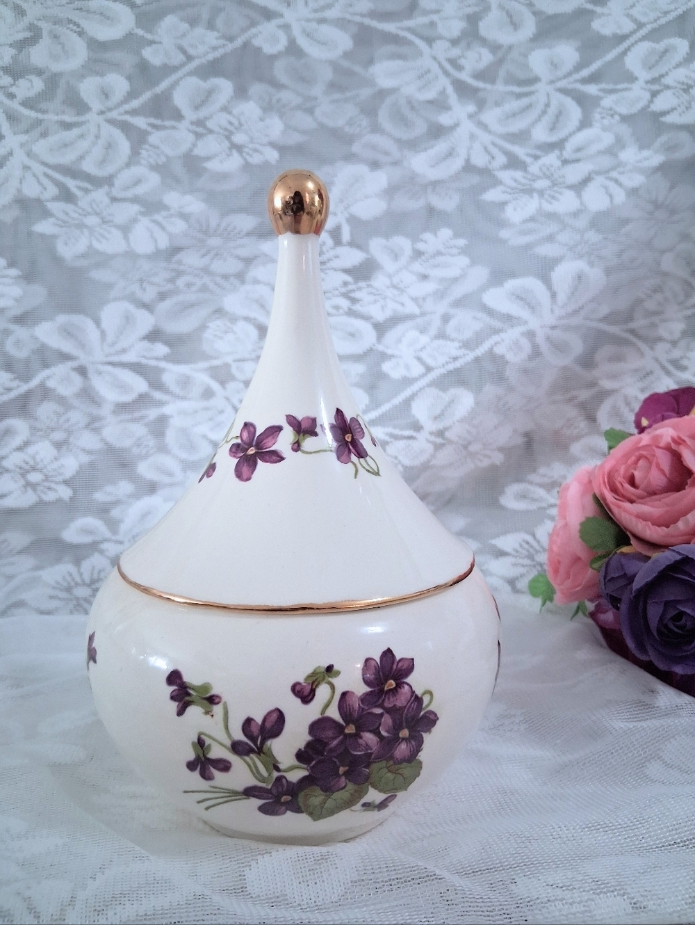 Vintage Violets Candy Lolly Jar Or Trinket Dish Golden Top Sugar Bowl